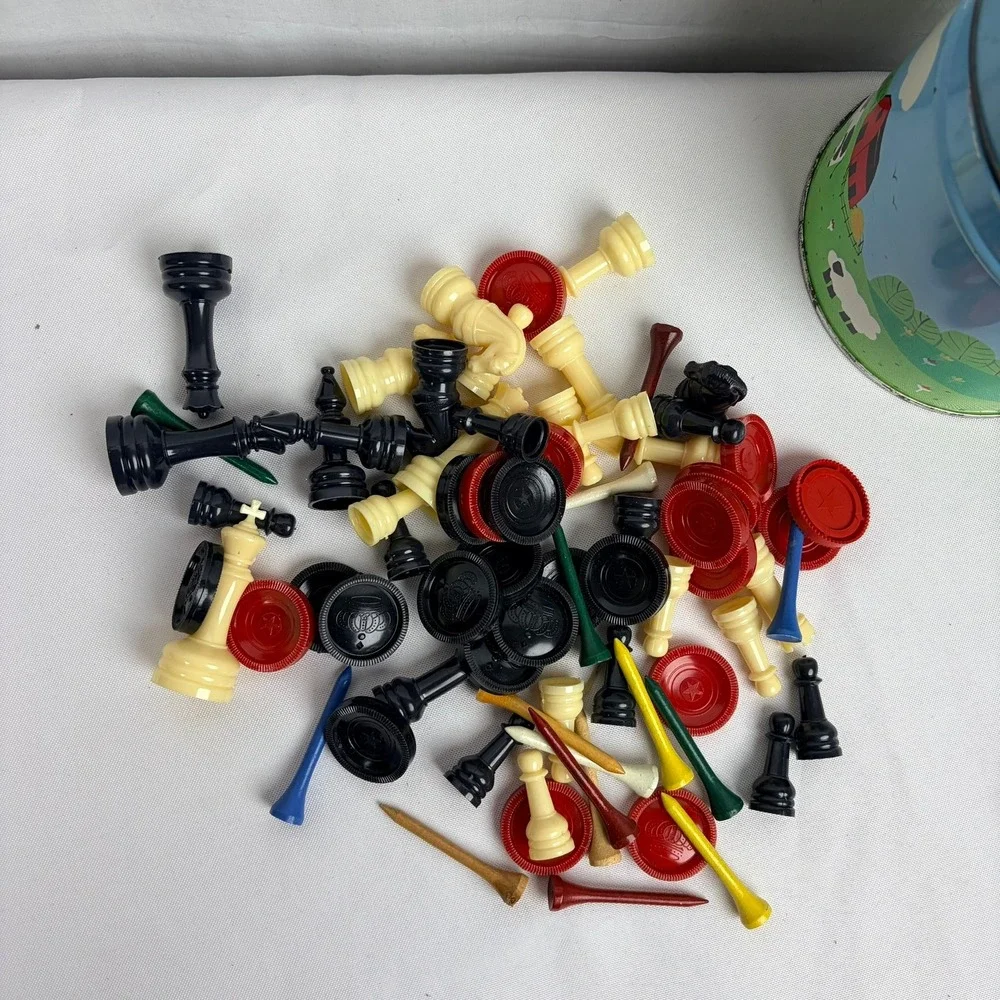 Vintage Mixed Game Pieces Lot Chess Checkers Golf Tees with Farm Scene Tin